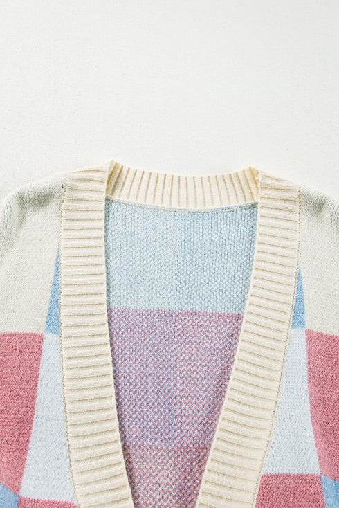 Oversized Check Pattern Open Front Knit Cardigan