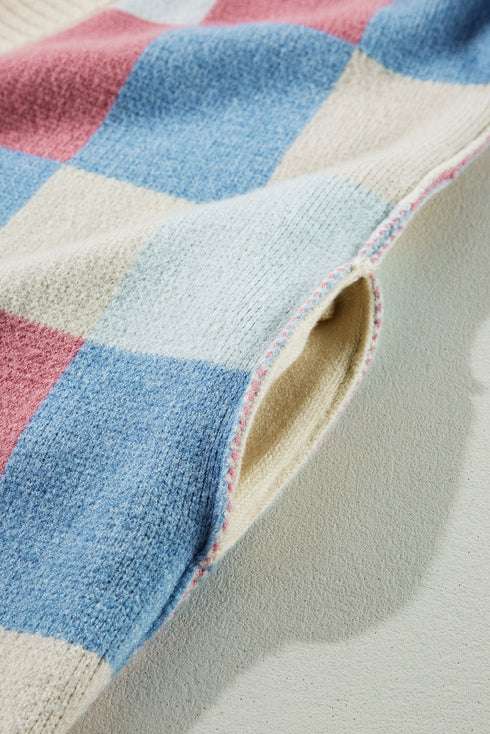 Oversized Check Pattern Open Front Knit Cardigan