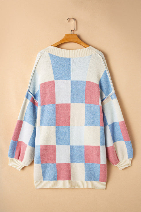 Oversized Check Pattern Open Front Knit Cardigan