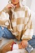 Oversized Checkerboard Knit Balloon Sleeve Pullover Sweater