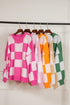 Oversized Checkerboard Knit Balloon Sleeve Pullover Sweater