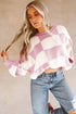 Oversized Checkerboard Knit Balloon Sleeve Pullover Sweater