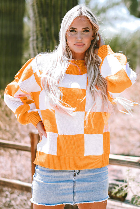 Oversized Checkerboard Knit Balloon Sleeve Pullover Sweater
