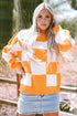 Oversized Checkerboard Knit Balloon Sleeve Pullover Sweater