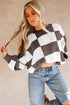 Oversized Checkerboard Knit Balloon Sleeve Pullover Sweater