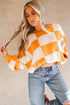 Oversized Checkerboard Knit Balloon Sleeve Pullover Sweater
