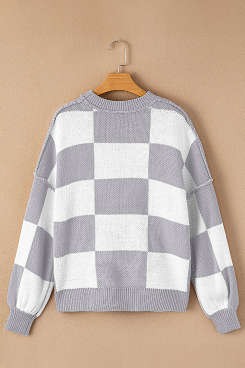 Oversized Checkerboard Knit Balloon Sleeve Pullover Sweater