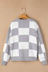 Oversized Checkerboard Knit Balloon Sleeve Pullover Sweater