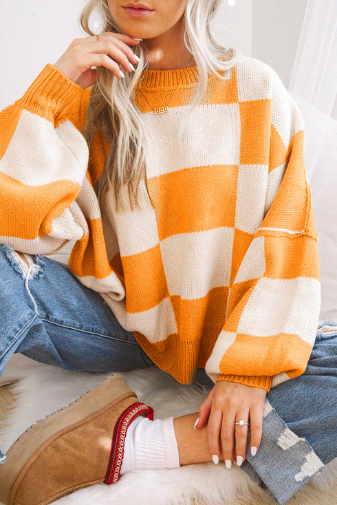 Oversized Checkerboard Knit Balloon Sleeve Pullover Sweater