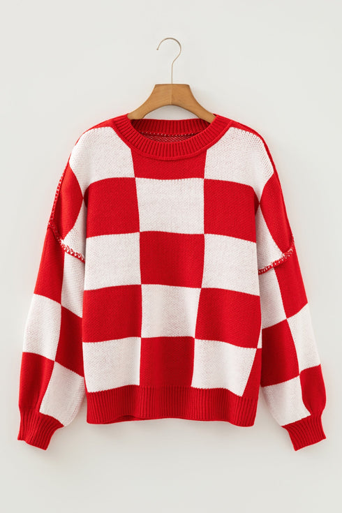 Oversized Checkerboard Knit Balloon Sleeve Pullover Sweater