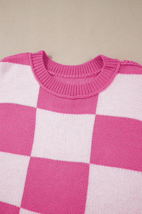 Oversized Checkerboard Knit Balloon Sleeve Pullover Sweater