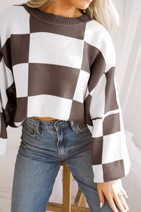 Oversized Checkerboard Knit Balloon Sleeve Pullover Sweater