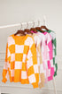 Oversized Checkerboard Knit Balloon Sleeve Pullover Sweater