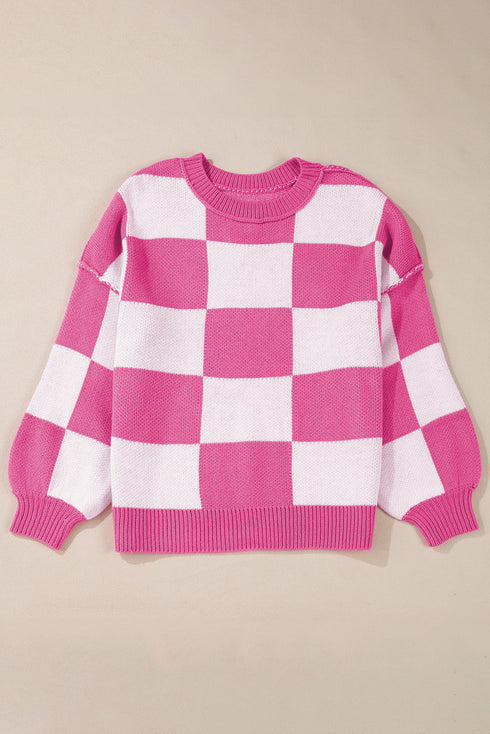 Oversized Checkerboard Knit Balloon Sleeve Pullover Sweater