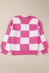 Oversized Checkerboard Knit Balloon Sleeve Pullover Sweater