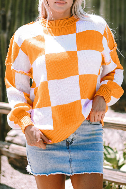 Oversized Checkerboard Knit Balloon Sleeve Pullover Sweater