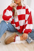 Oversized Checkerboard Knit Balloon Sleeve Pullover Sweater
