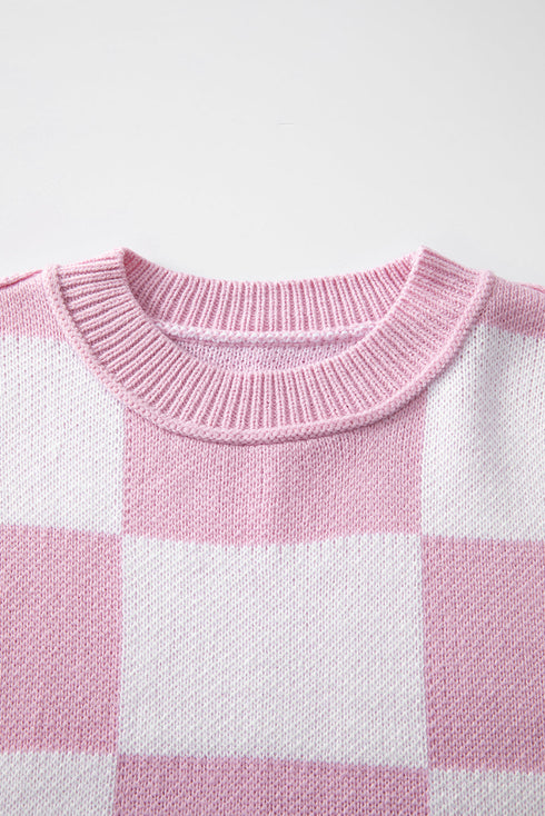 Oversized Checkerboard Knit Balloon Sleeve Pullover Sweater