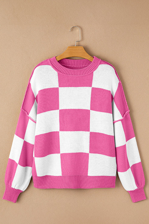 Oversized Checkerboard Knit Balloon Sleeve Pullover Sweater