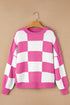 Oversized Checkerboard Knit Balloon Sleeve Pullover Sweater