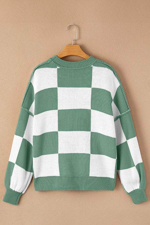 Oversized Checkerboard Knit Balloon Sleeve Pullover Sweater