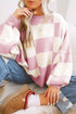 Oversized Checkerboard Knit Balloon Sleeve Pullover Sweater