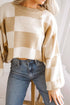 Oversized Checkerboard Knit Balloon Sleeve Pullover Sweater