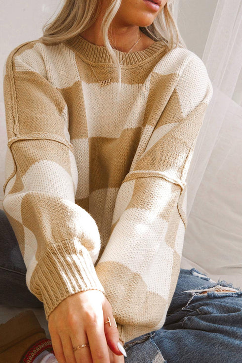 Oversized Checkerboard Knit Balloon Sleeve Pullover Sweater