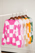 Oversized Checkerboard Knit Balloon Sleeve Pullover Sweater