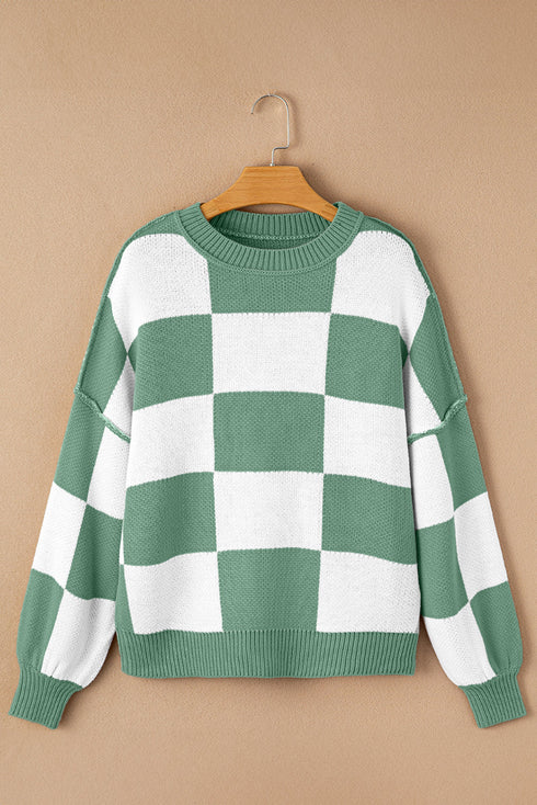 Oversized Checkerboard Knit Balloon Sleeve Pullover Sweater