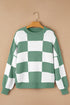 Oversized Checkerboard Knit Balloon Sleeve Pullover Sweater