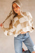 Oversized Checkerboard Knit Balloon Sleeve Pullover Sweater