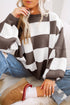 Oversized Checkerboard Knit Balloon Sleeve Pullover Sweater