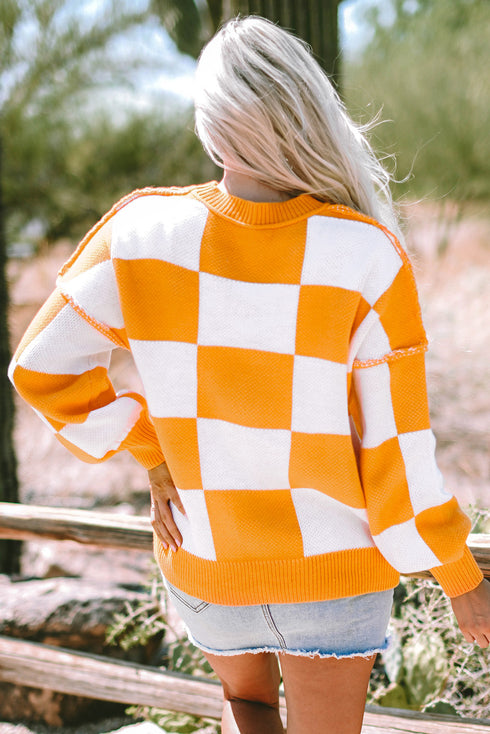 Oversized Checkerboard Knit Balloon Sleeve Pullover Sweater