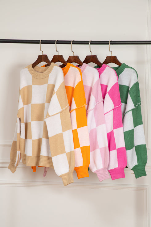 Oversized Checkerboard Knit Balloon Sleeve Pullover Sweater