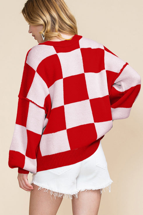 Oversized Checkerboard Knit Balloon Sleeve Pullover Sweater