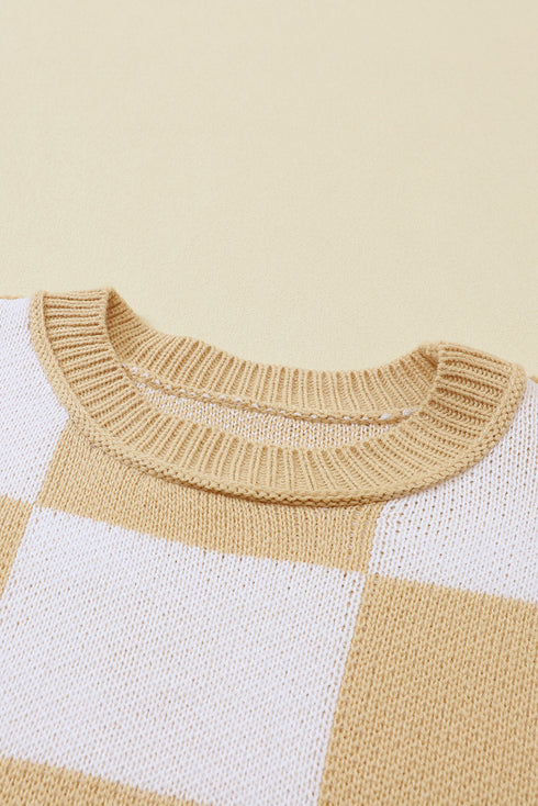 Oversized Checkerboard Knit Balloon Sleeve Pullover Sweater