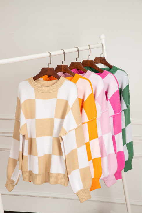Oversized Checkerboard Knit Balloon Sleeve Pullover Sweater