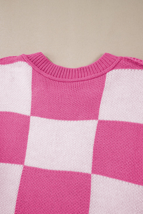 Oversized Checkerboard Knit Balloon Sleeve Pullover Sweater