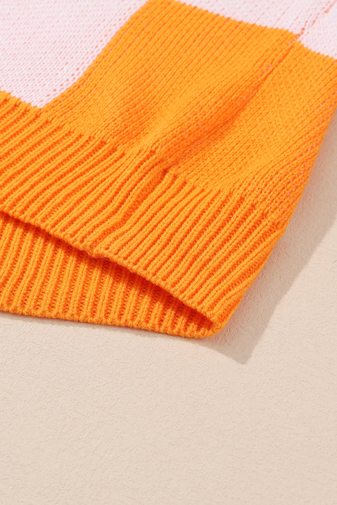 Oversized Checkerboard Knit Balloon Sleeve Pullover Sweater