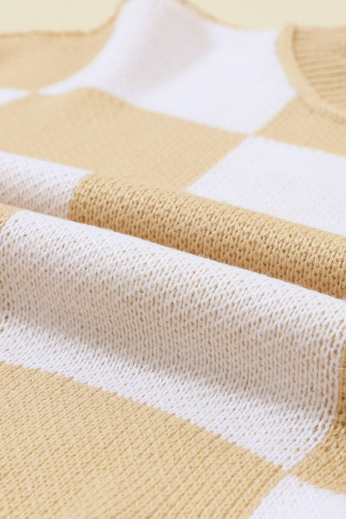Oversized Checkerboard Knit Balloon Sleeve Pullover Sweater
