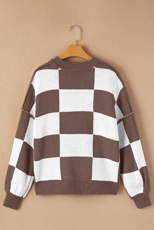 Oversized Checkerboard Knit Balloon Sleeve Pullover Sweater