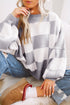 Oversized Checkerboard Knit Balloon Sleeve Pullover Sweater