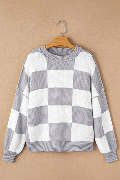 Oversized Checkerboard Knit Balloon Sleeve Pullover Sweater