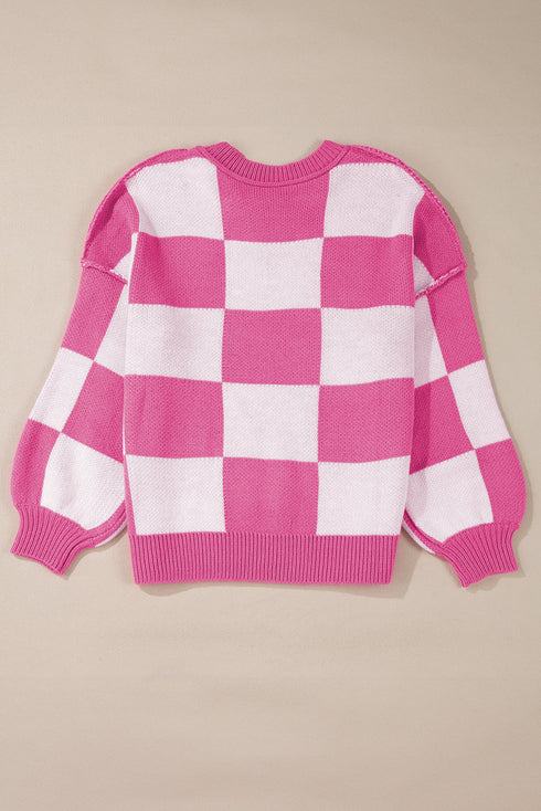 Oversized Checkerboard Knit Balloon Sleeve Pullover Sweater