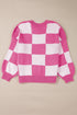 Oversized Checkerboard Knit Balloon Sleeve Pullover Sweater