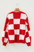 Oversized Checkerboard Knit Balloon Sleeve Pullover Sweater