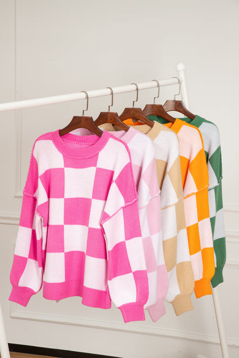 Oversized Checkerboard Knit Balloon Sleeve Pullover Sweater