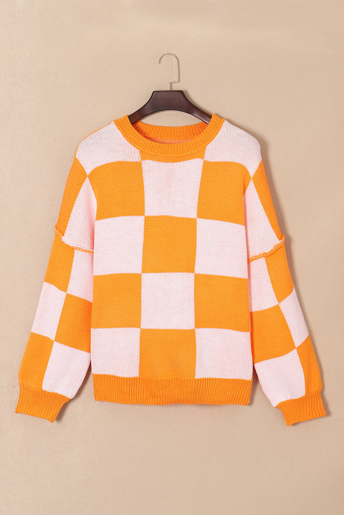 Oversized Checkerboard Knit Balloon Sleeve Pullover Sweater