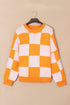 Oversized Checkerboard Knit Balloon Sleeve Pullover Sweater